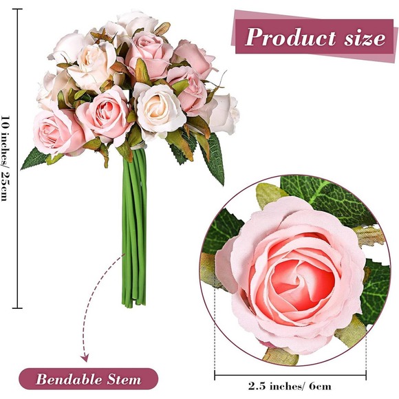 48-Pcs Artificial Silk Rose Flowers w/ Leaves & Stems for Wedding Bridal Shower - Picture 9 of 14